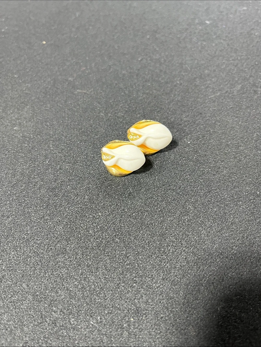 Gold & White Floral Clip-On Earrings with Crystal Accents - Picture 2 of 3